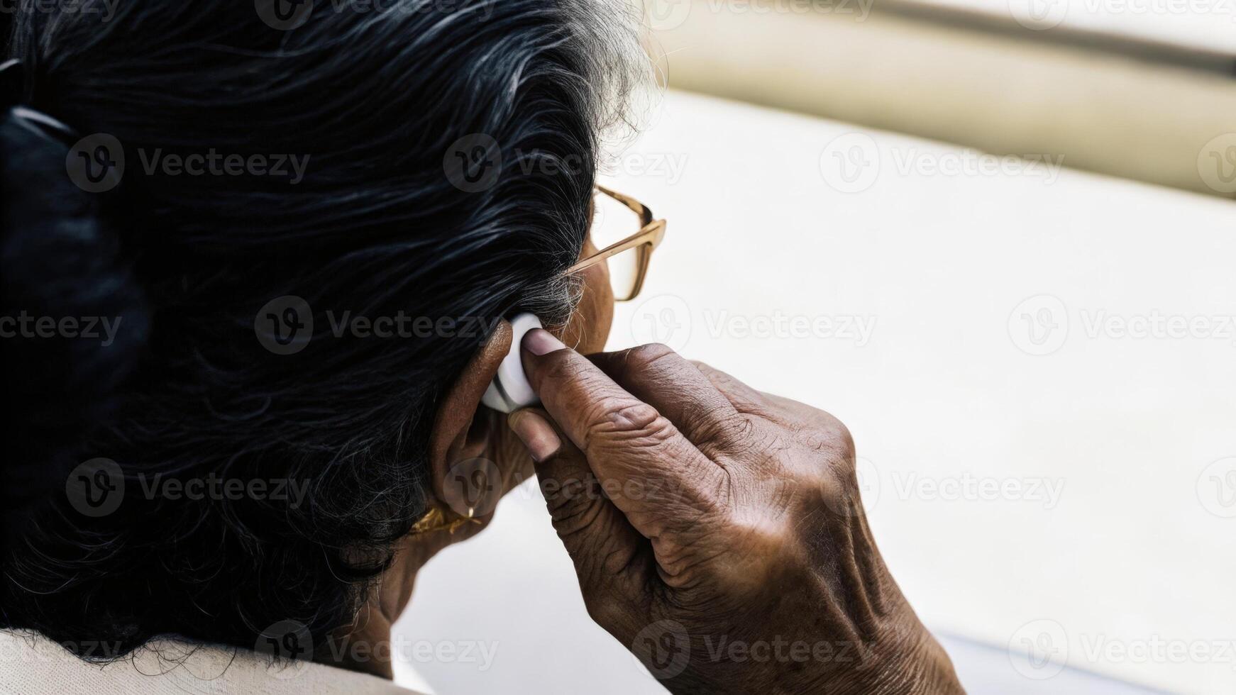 An intimate closeup of an elderly womans hand delicately placing a Bluetoothenabled hearing aid into her ear with a look of concentration as she prepares to engage with her. photo