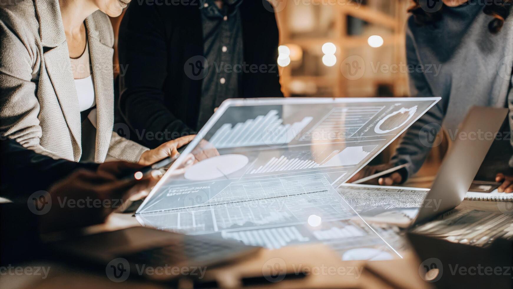 A dynamic holographic display hovering above a table filled with laptops and notebooks featuring an array of visual data like graphs and charts as team members collaborate. photo