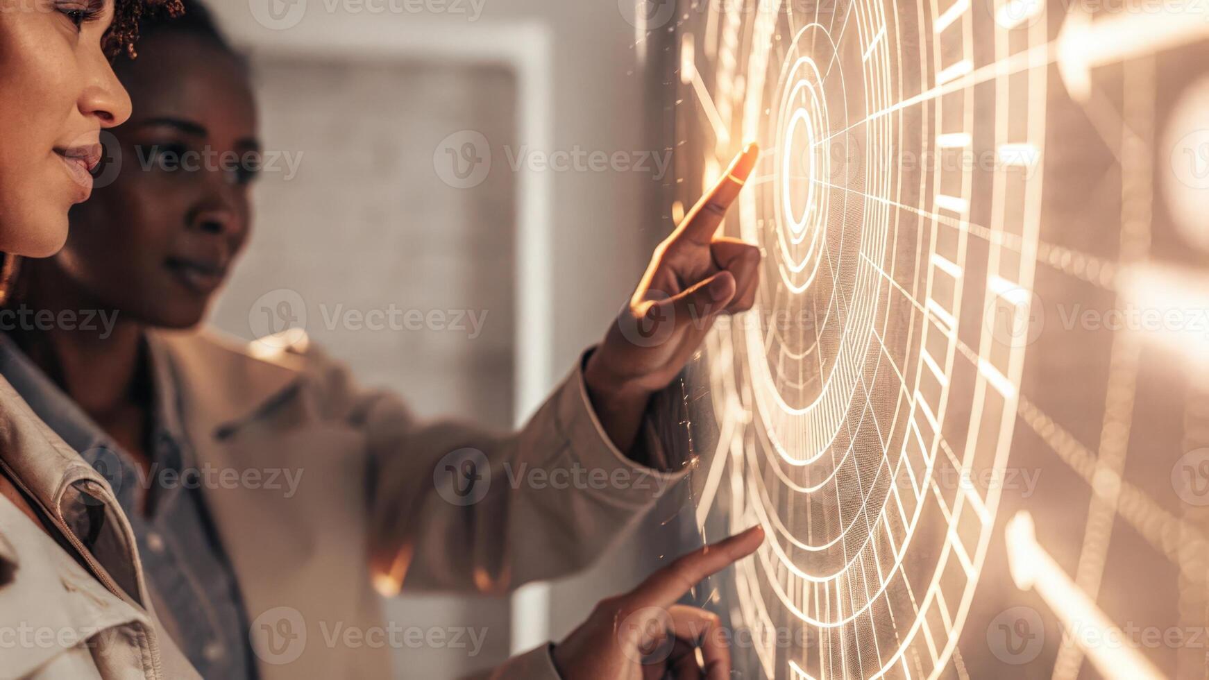 A medium closeup of a user interface featuring holographic security features as a team member gestures to highlight key aspects of blockchain protection measures.. photo
