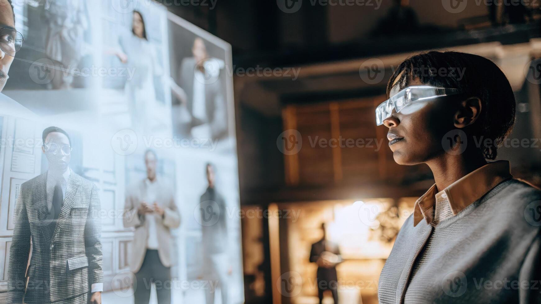 A focused individual standing amid a cloud of holographic projections reviewing allocation models as light reflects off their glasses highlighting the immersive experience.. photo