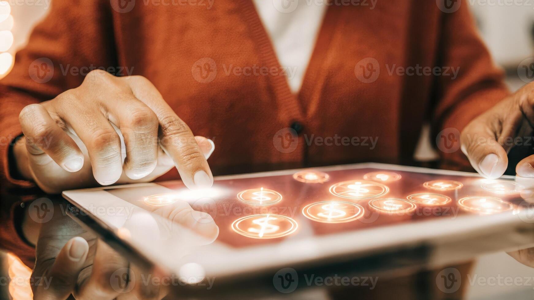 Closeup of a hand interacting with a holographic interface where vibrant digital currency symbols hover above a sleek surface illuminating the users face with a blue glow.. photo