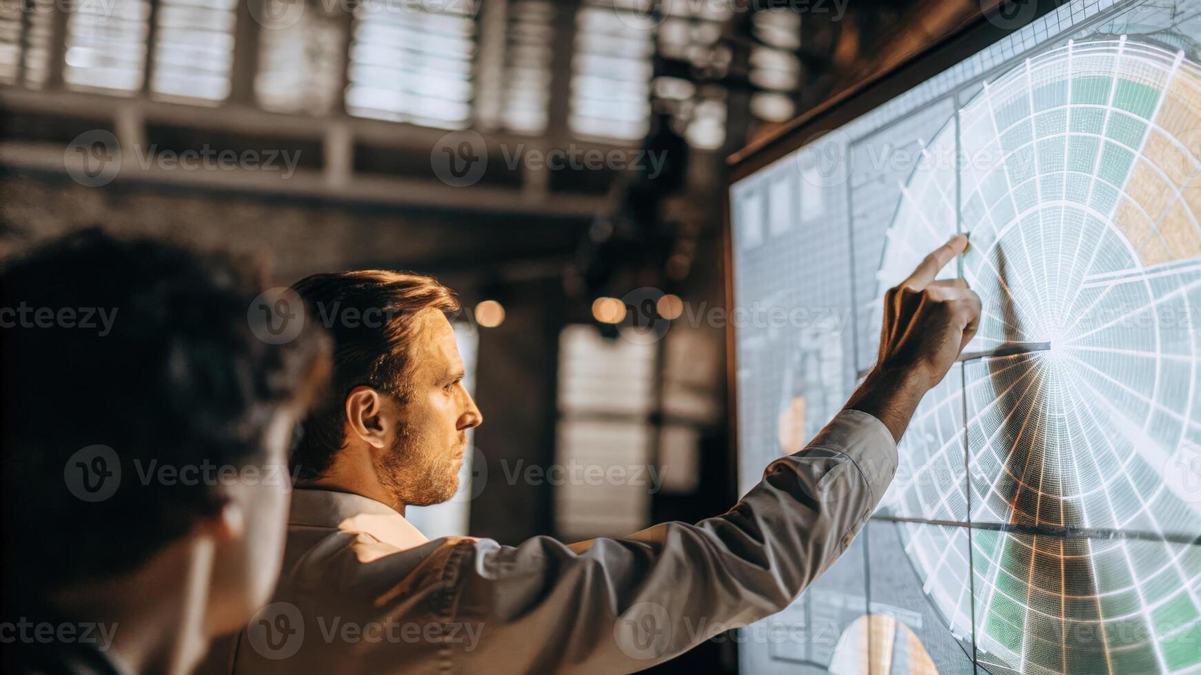 An immersive holographic data visualization displays a rotating pie chart while a man adjusts the dimensions with hand motions to see different data perspectives.. photo