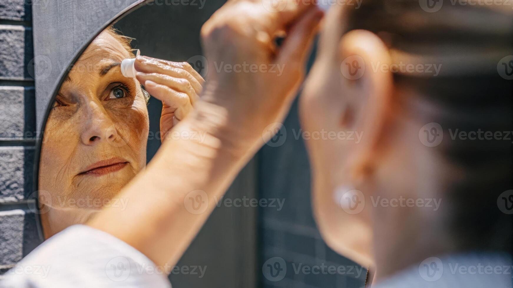 Closeup of a senior female scientist carefully applying a gellike treatment to her forehead in front of a mirror her expression focused as she examines her skins texture.. photo