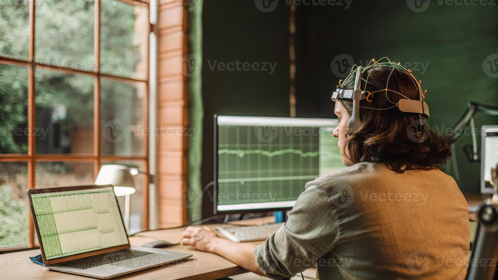 An interactive scene depicting a user in a busy workspace casually wearing an EEG headset while data flows seamlessly to a laptop reflecting onthego brainwave analysis.. photo