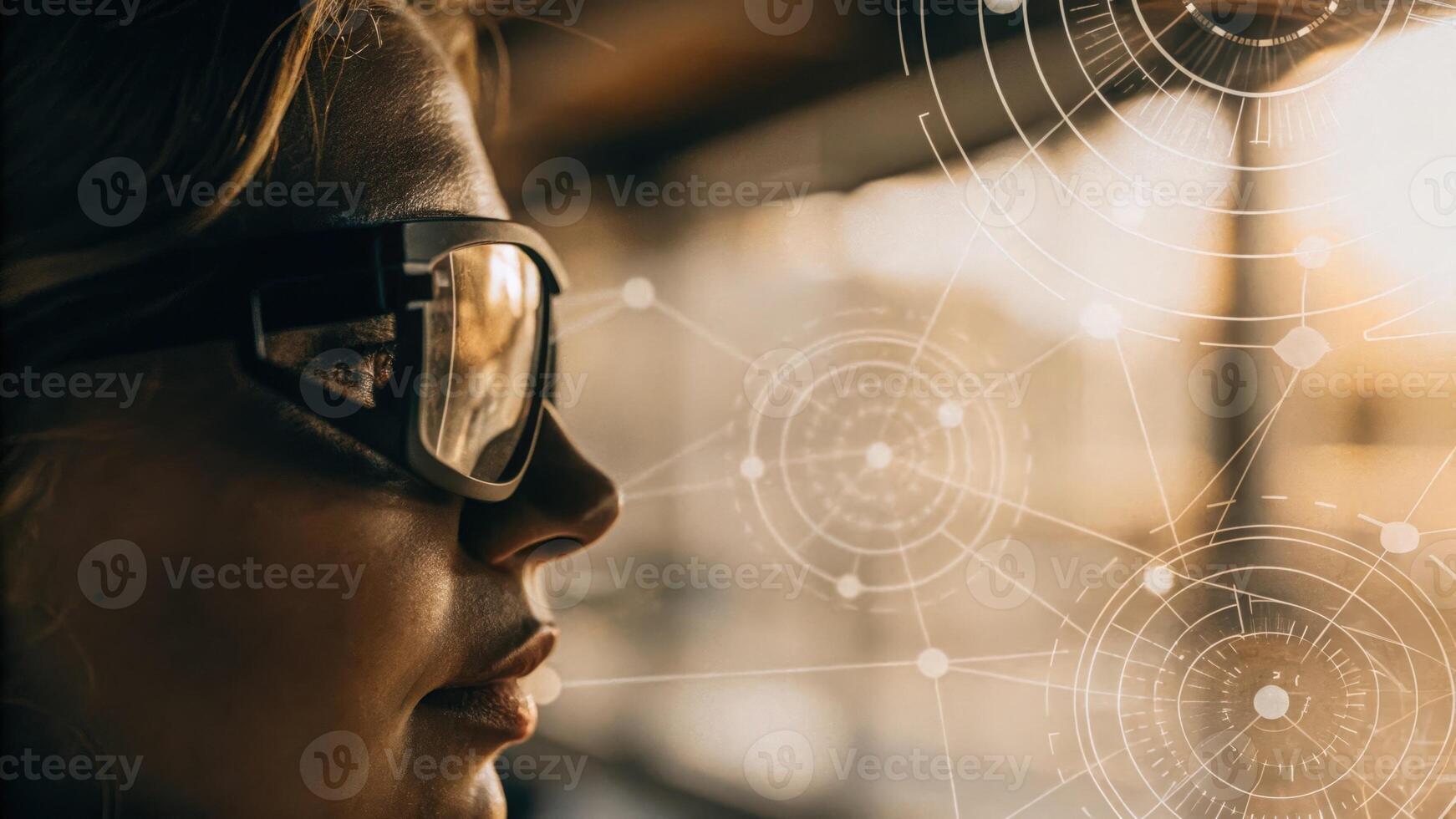 Profile shot of a thoughtful individual using augmented reality glasses to visualize complex business networks projected in holograms indicating a forwardthinking perspective on. photo