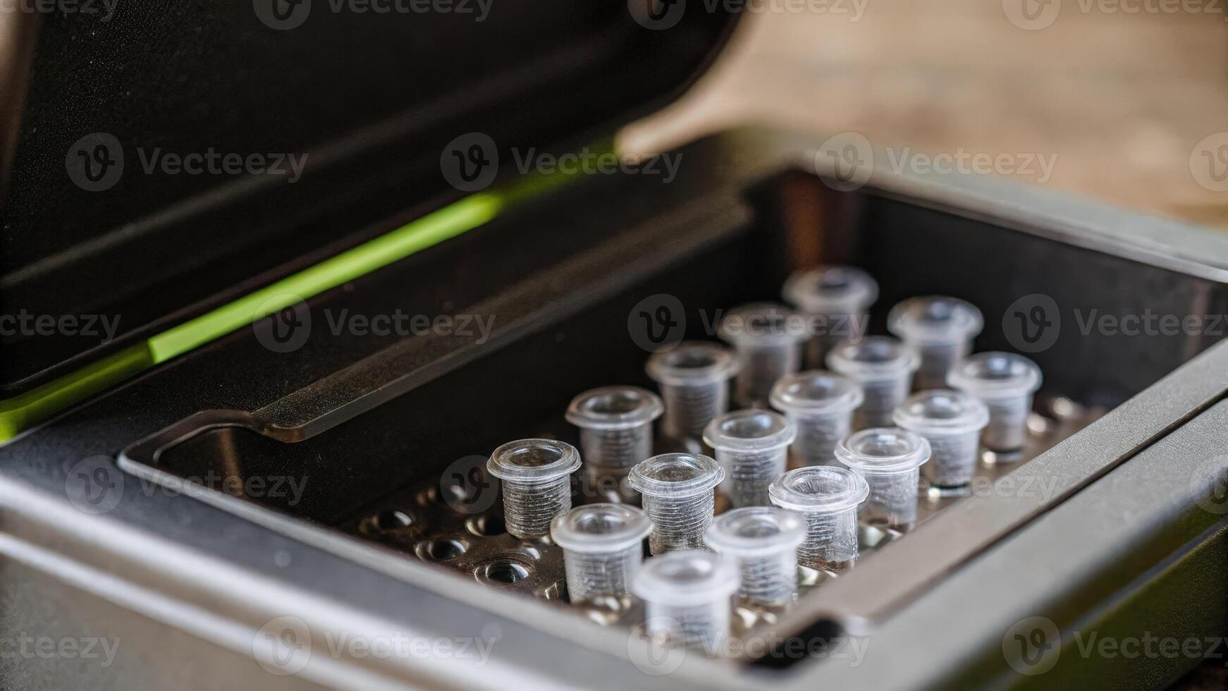 Closeup of a transparent PCR Polymerase Chain Reaction thermocycler with sample tubes visible within prepared for DNA amplification.. photo