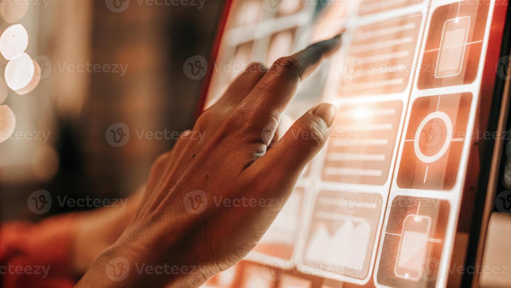 A closeup of a hand touching a holographic button to filter risk reports illuminating the users concentration and the vivid interface of the dashboard.. photo
