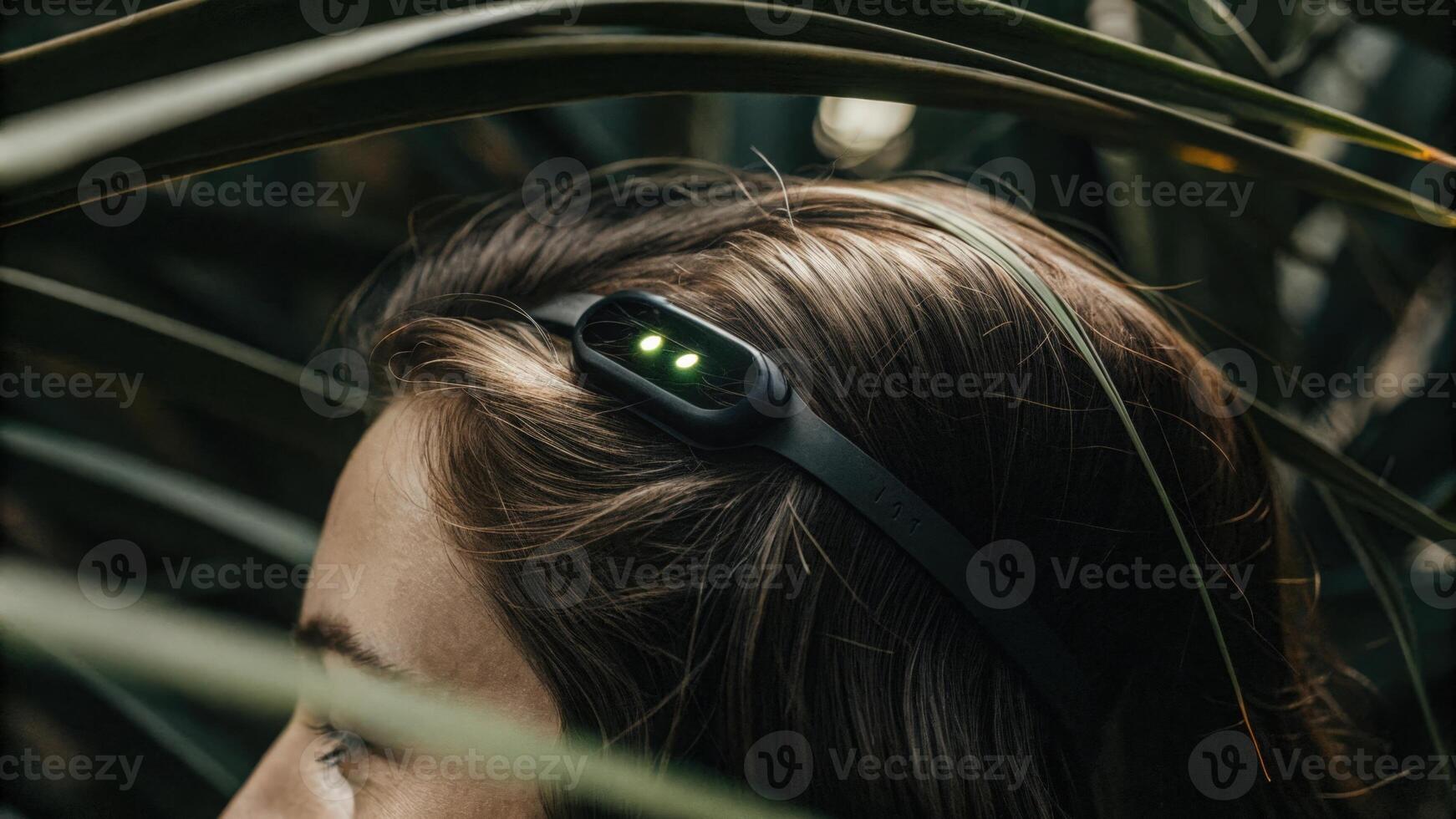 Closeup of a wearable neurostimulation device positioned snugly on a participants forehead with glowing indicators reflecting the brainwave activity patterns during a meditation. photo