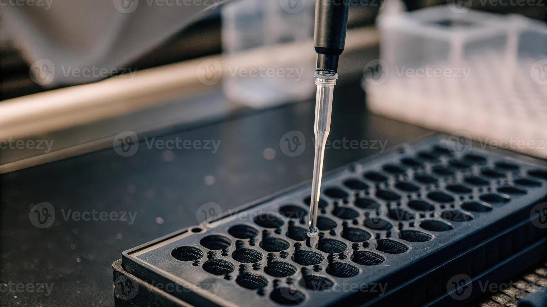Detailed view of a CRISPR pipetting technique being performed showing accuracy in transferring gene editing components into a reaction mix.. photo