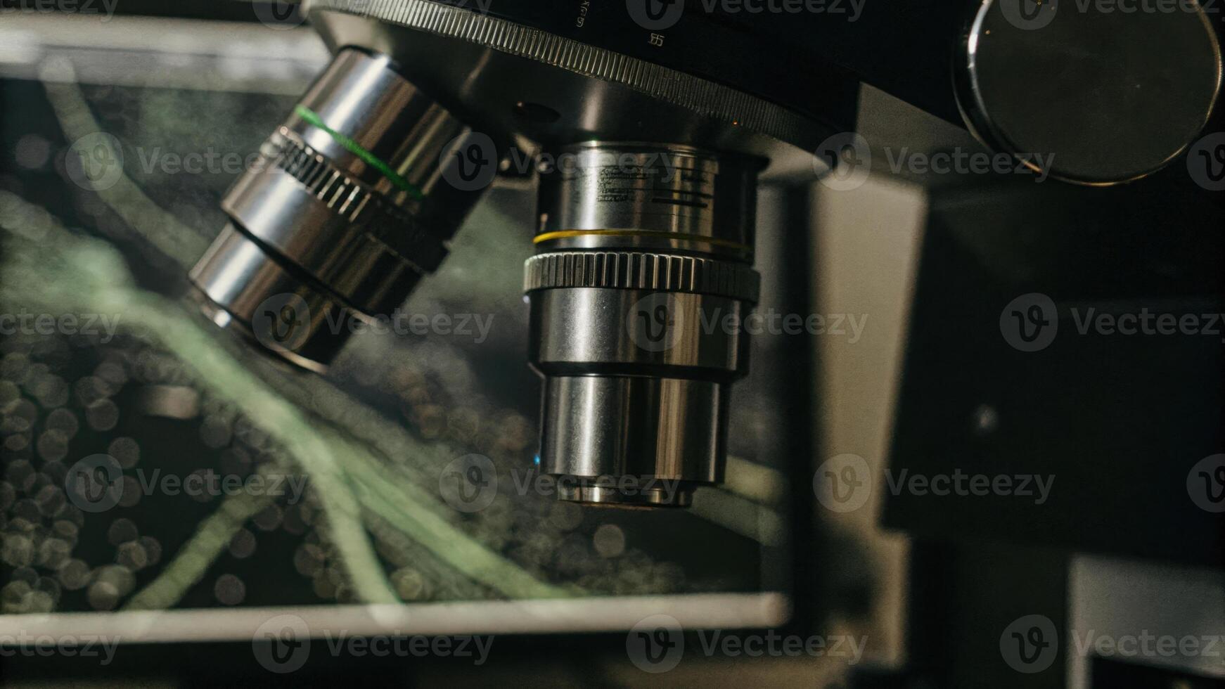 Microscope lenses showing a detailed view of immune cells under observation with digital screens in the background displaying data graphs related to immune response experiments.. photo
