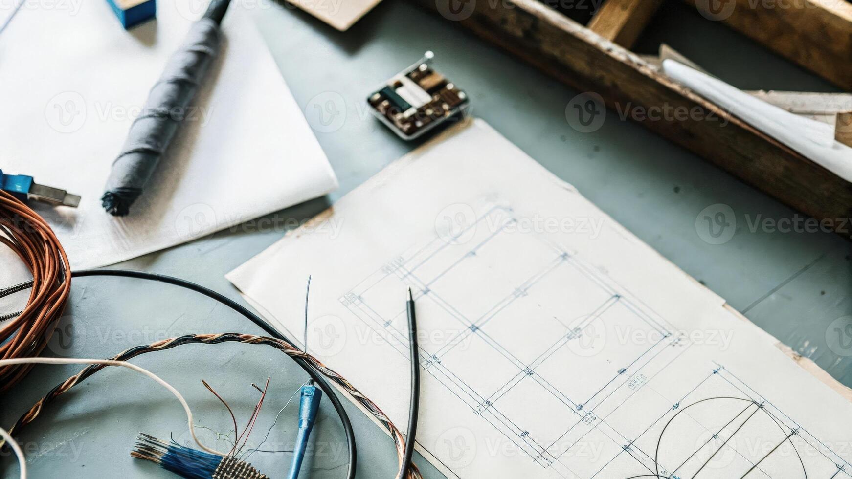 An overhead shot of a workshop table cluttered with various DIY materials including wires electrodes and a smallArduino microcontroller alongside a schematic diagram of the EEG. photo