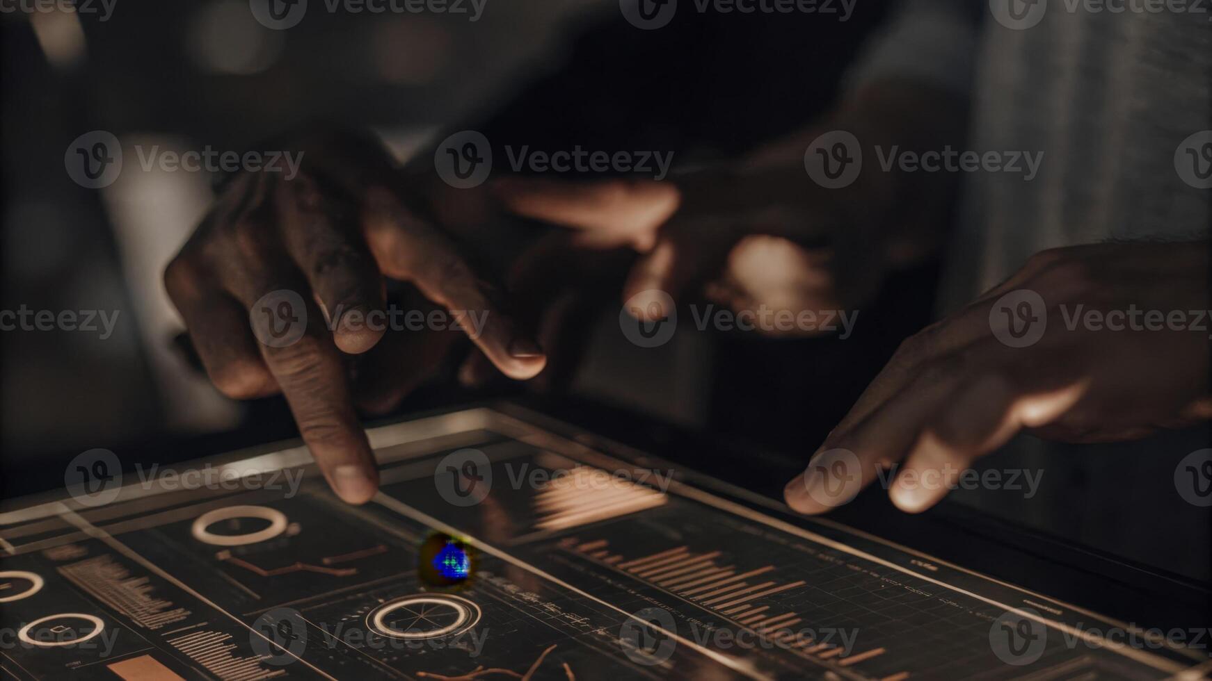 A closeup view of hands interacting with a holographic touchscreen interface with colorful icons and data charts projected in midair showcasing user engagement with futuristic. photo