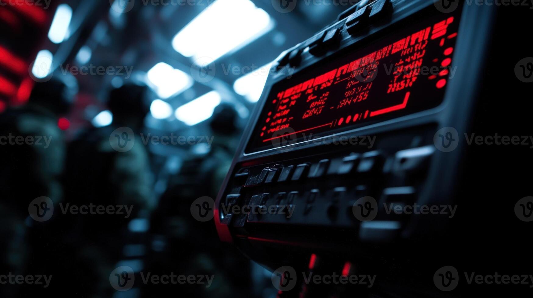 Shot from an angled perspective this closeup features a mounted secure radio unit prominently displaying a digital readout of frequency and encryption status. The background is fille photo