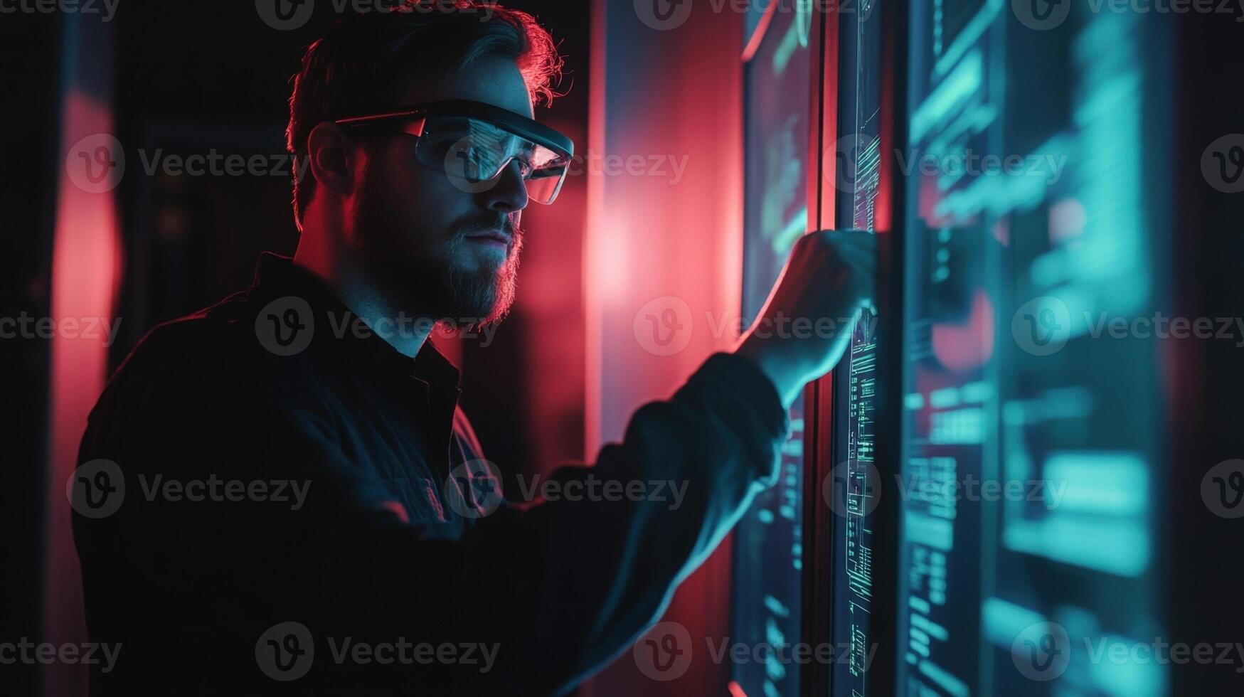 A male technician stands in a semidarkened room adjusting his VR headset with one hand while the other hovers over a touch panel displaying critical cybersecurity metrics. The glo photo