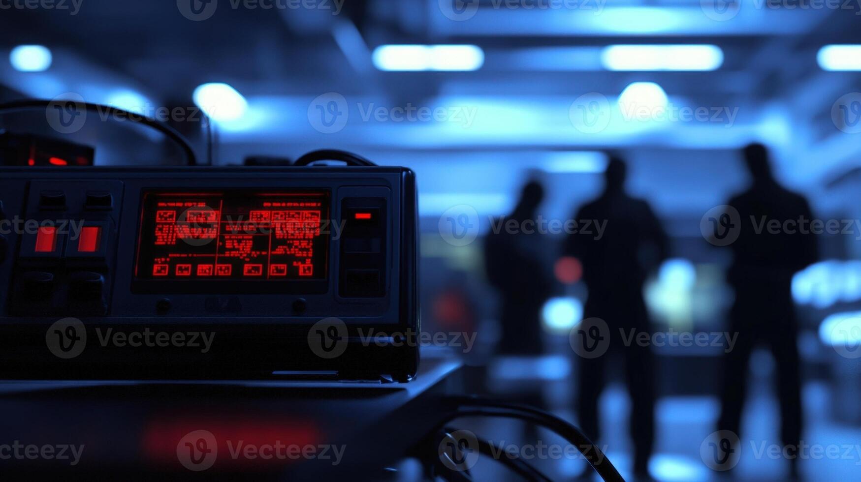 Shot from an angled perspective this closeup features a mounted secure radio unit prominently displaying a digital readout of frequency and encryption status. The background is fille photo