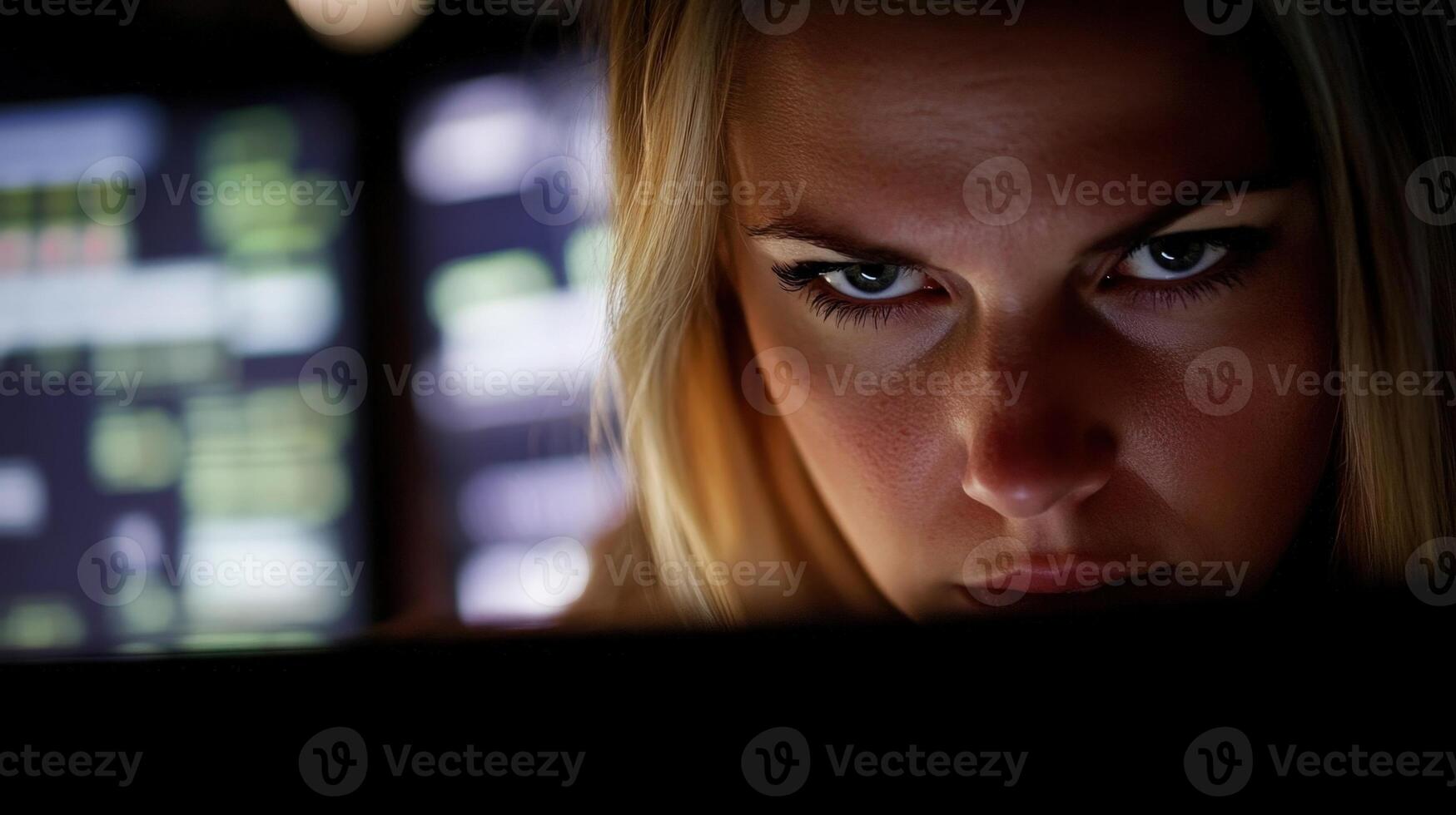 A closeup of a woman intently typing on a laptop her brow furrowed in concentration while digital alerts flash across multiple monitors in the background showcasing the chaotic ye photo