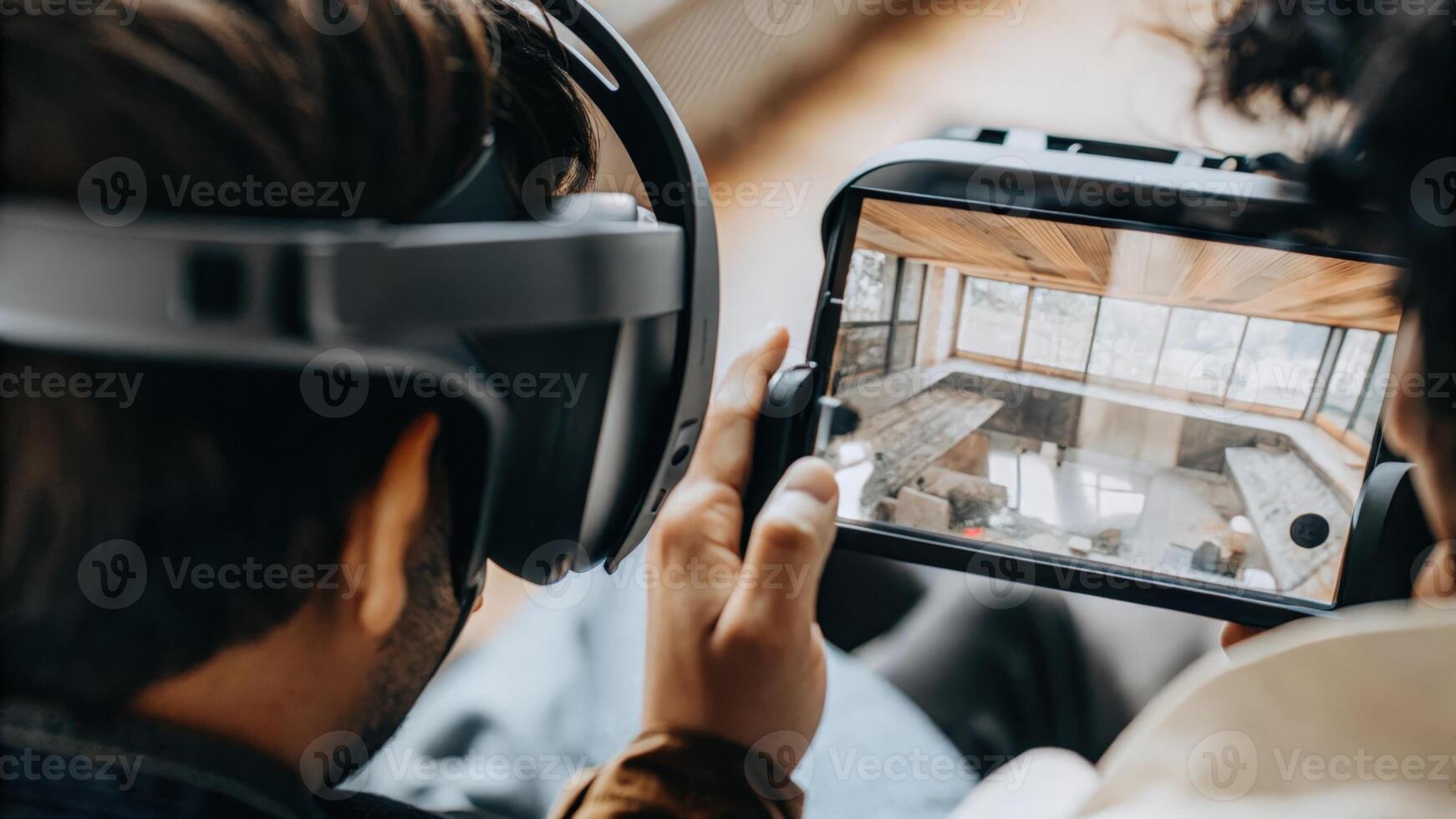 A closeup of a mixedreality headset displaying a 3D prototype as a user tilts their head adjusting the view while discussing features with a teammate.. photo
