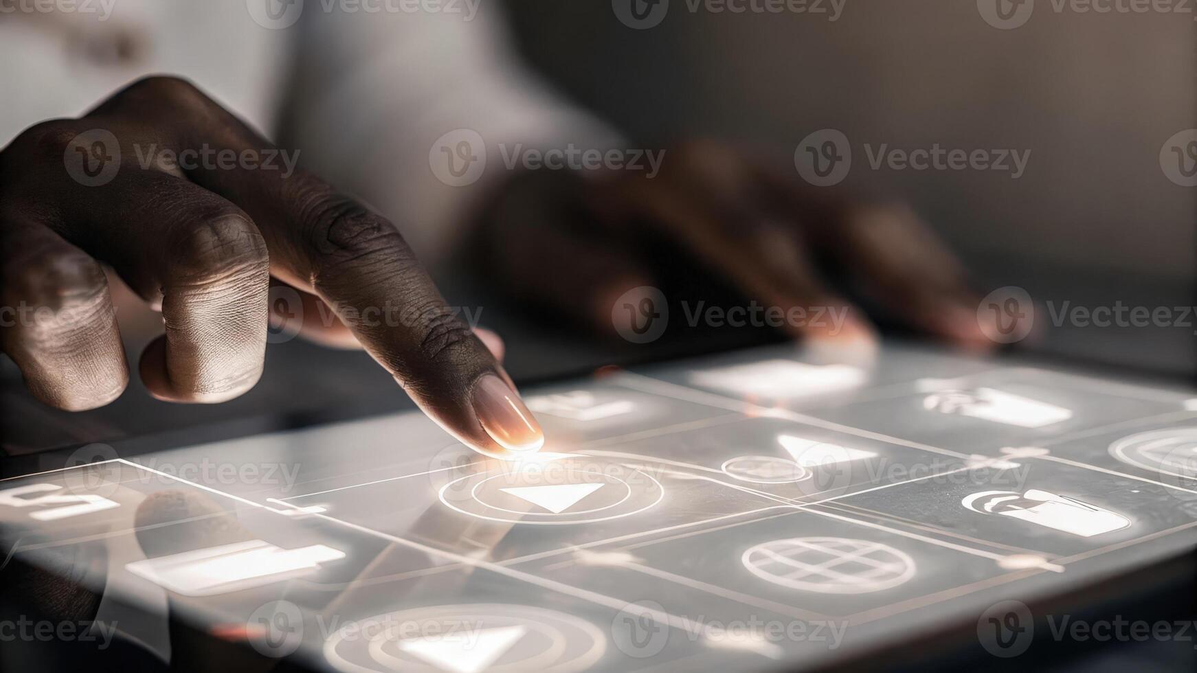 A closeup of a hand interacting with a holographic keyboard with translucent letters and numbers appearing as they type set against a backdrop of an ultramodern conference room.. photo