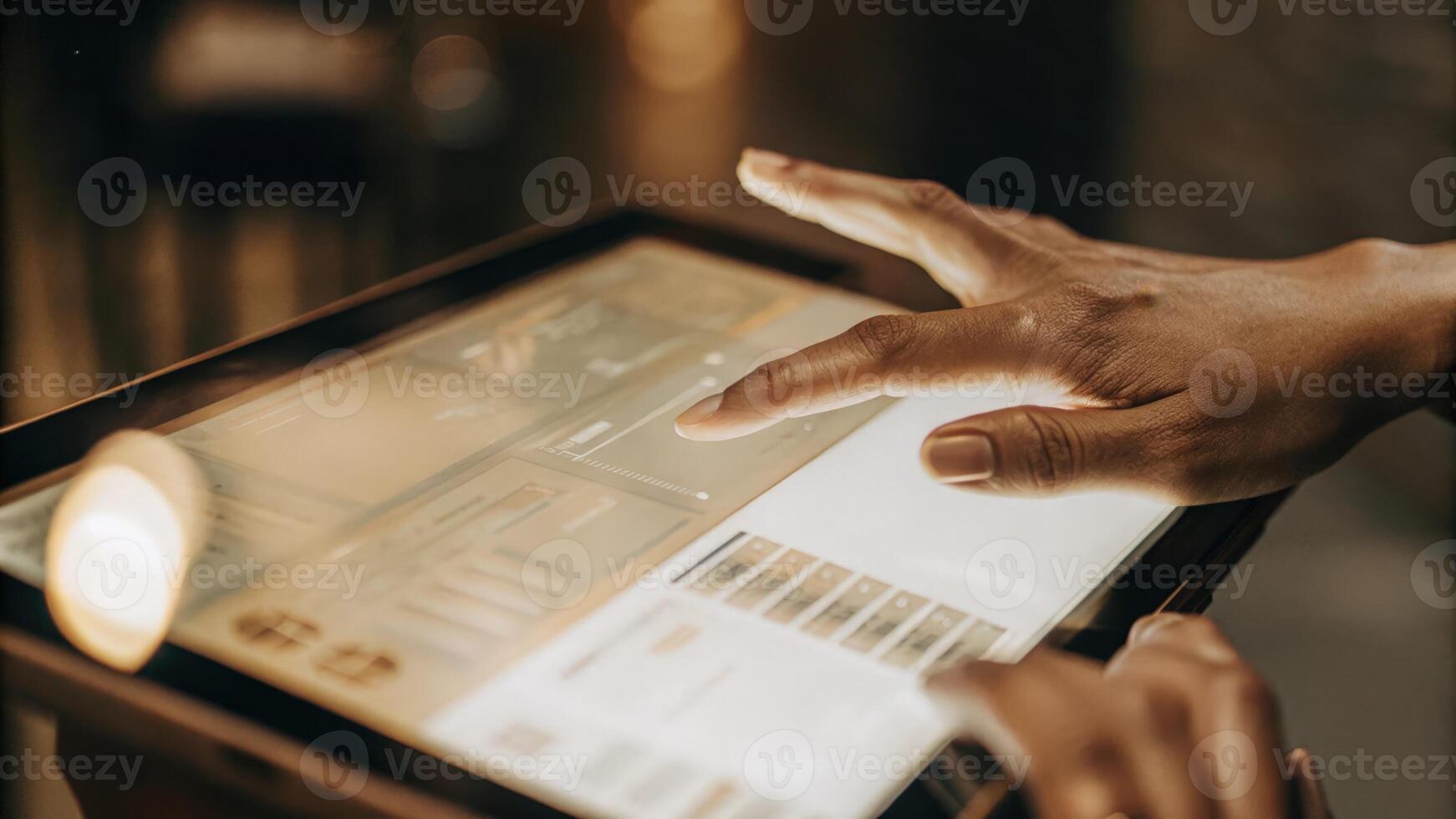 A closeup of two fingers tapping on a floating holographic interface revealing detailed product information and shipping statuses in a vibrant translucent display.. photo
