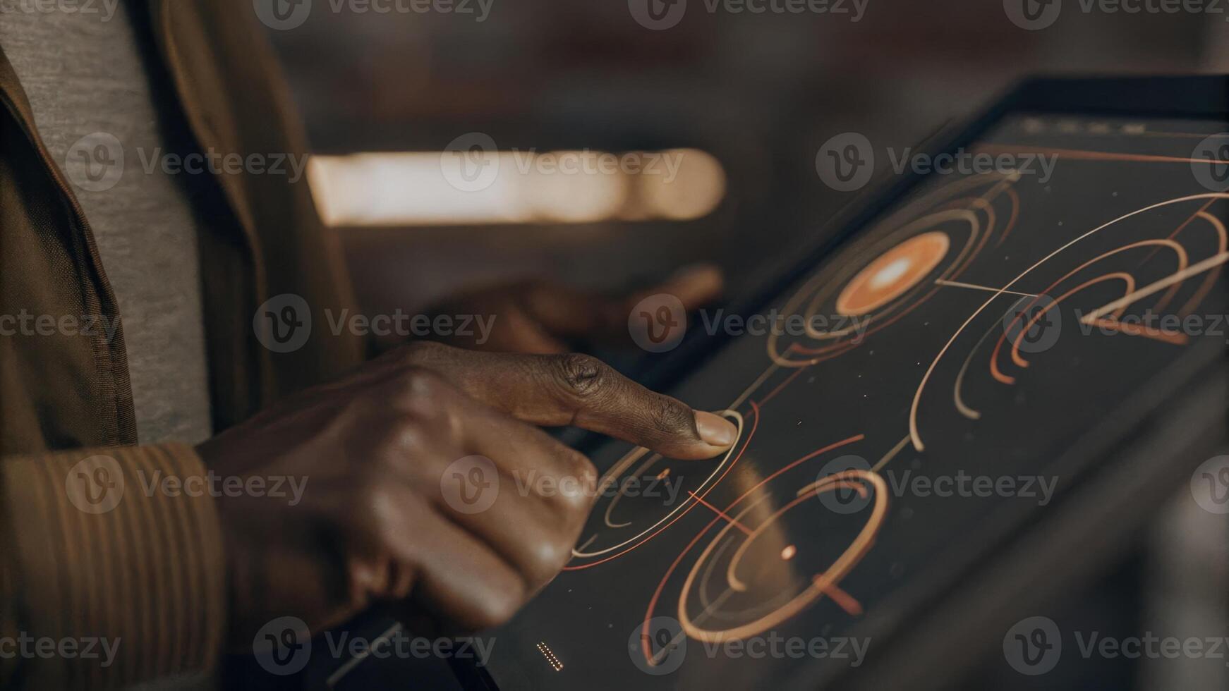 A closeup of a hand engaging with a holographic touchscreen that showcases a floating pie chart illustrating consumer behavior analysis in vivid colors.. photo