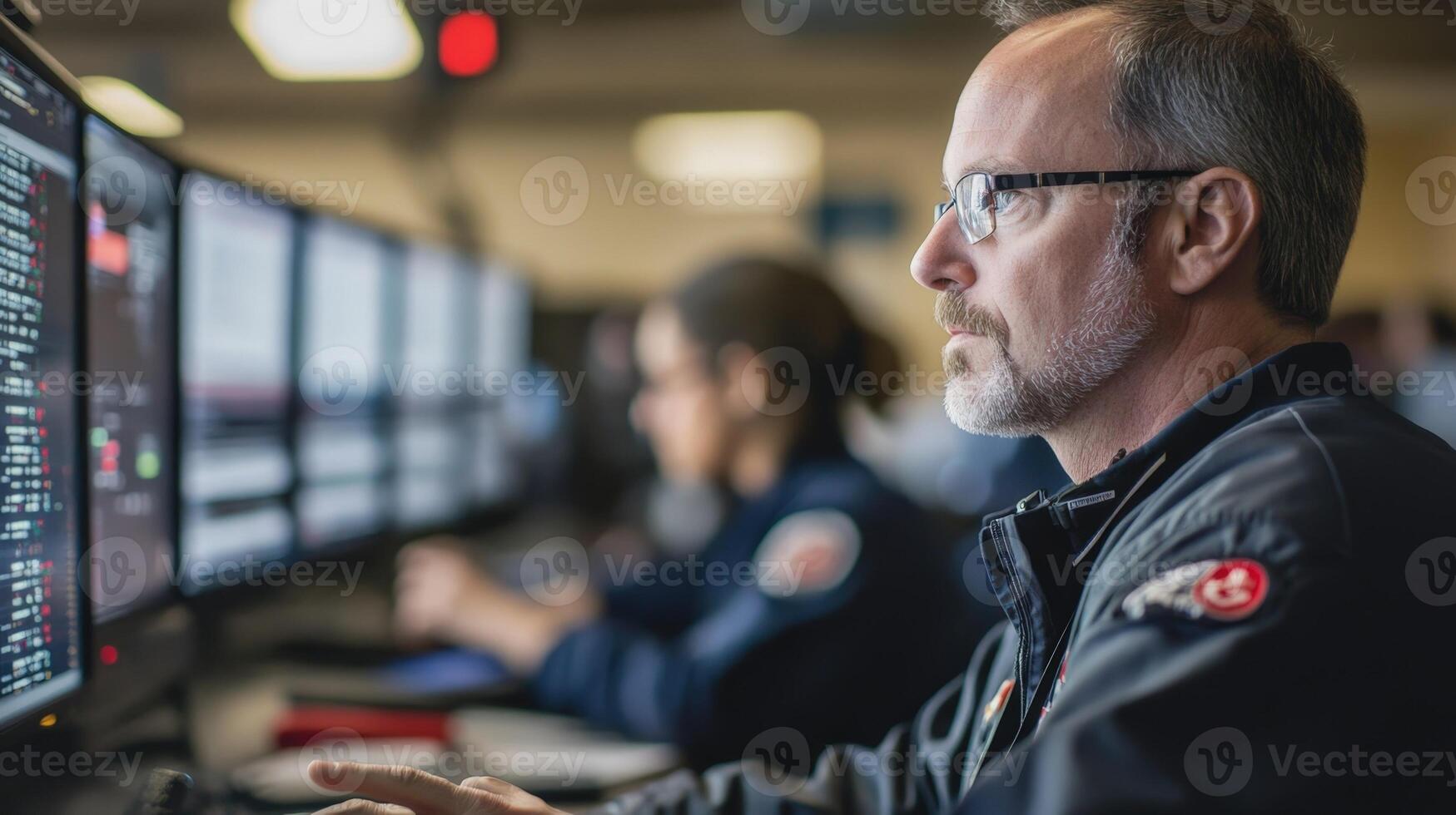 operators are intently typing commands their faces illuminated by the screens displaying critical alerts and system statuses photo