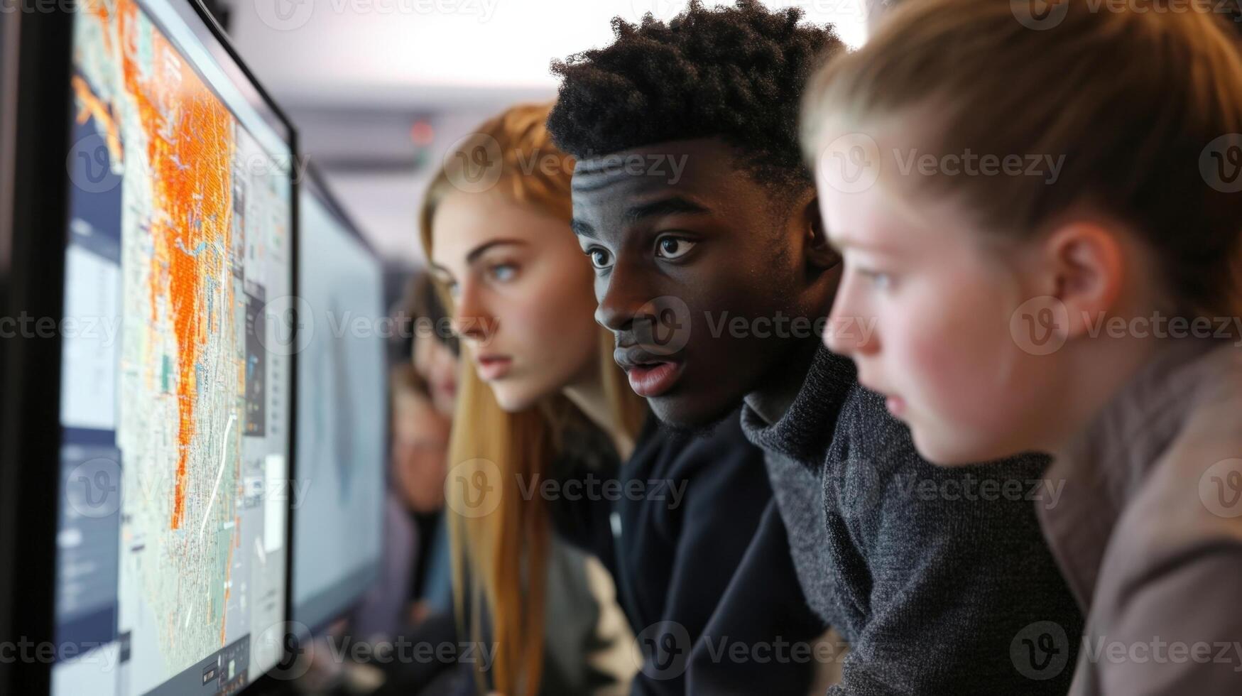 A dynamic group of learners participating in an interactive simulation where theyre tasked with protecting a virtual network from cyber threats. Their expressions range from concentratio photo