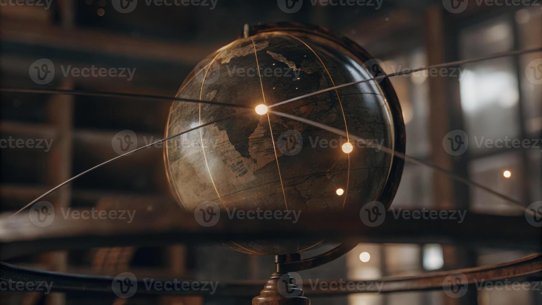 A closeup of a holographic globe spinning slowly with pulsating light indicating various data points symbolizing global connectivity and resource management.. photo