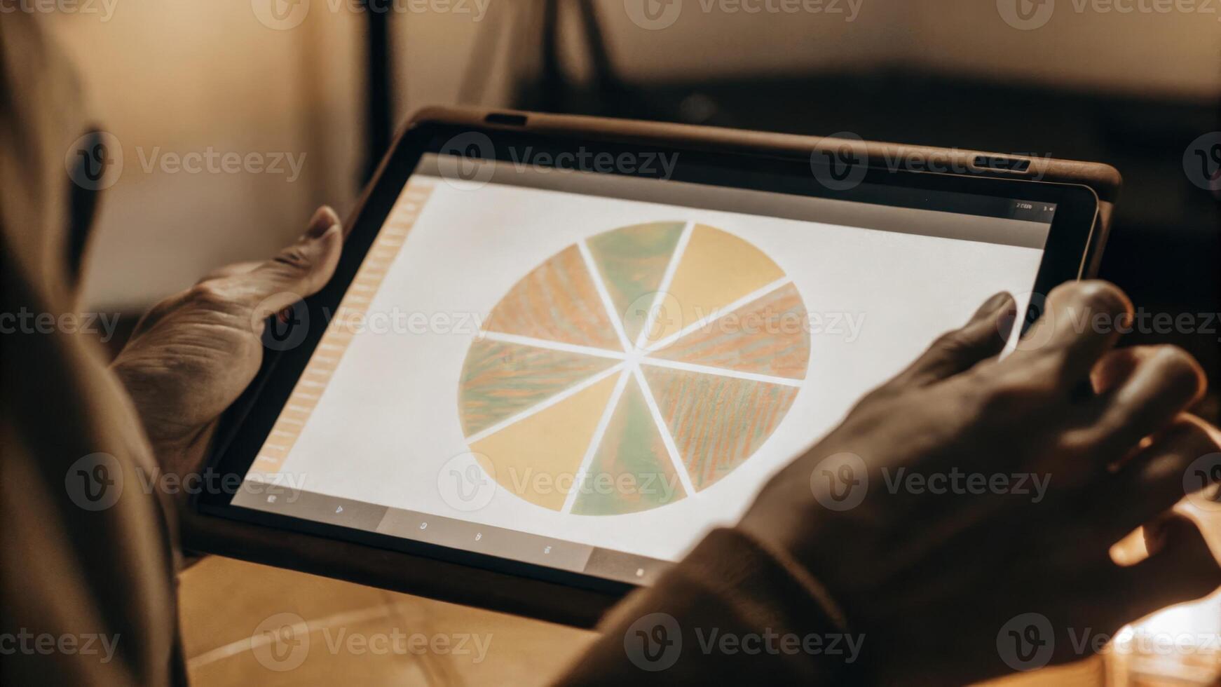 A closeup of a glowing holographic pie chart with sections expanding and contracting as a user hovers over them revealing detailed statistics and analysis.. photo