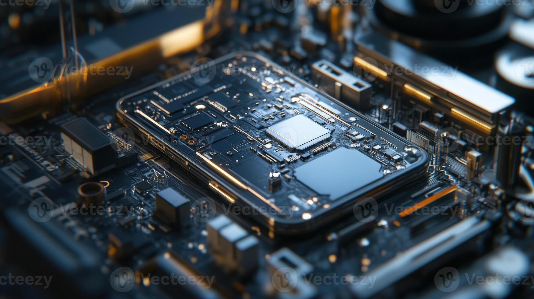 A closeup view captures the intricate circuitry of a smartphones open casing revealing secure chips and components involved in the data recovery process. Tools such as screwdriver photo