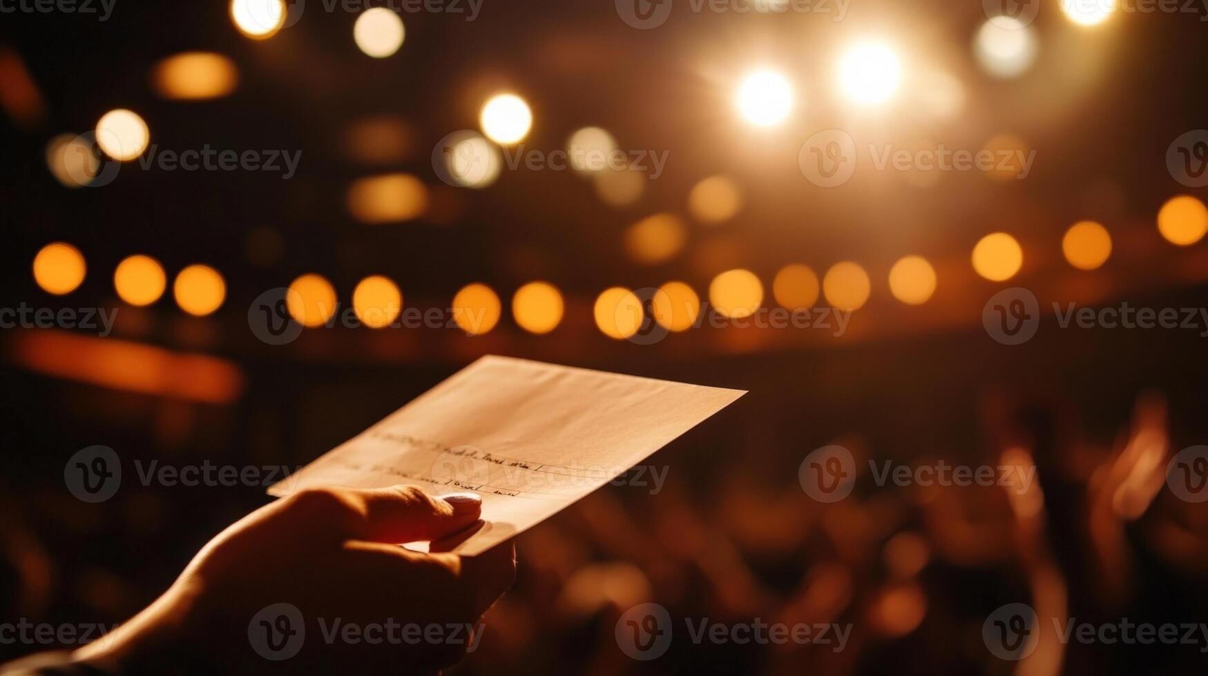 Closeup of a judges hand holding a scorecard with dramatic stage lighting reflecting off the card while the blurred faces of excited audience members can be seen clapping in celebratio photo