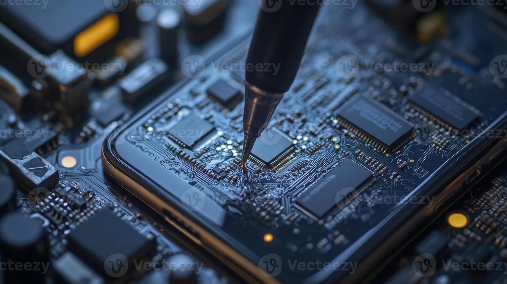 A closeup view captures the intricate circuitry of a smartphones open casing revealing secure chips and components involved in the data recovery process. Tools such as screwdriver photo