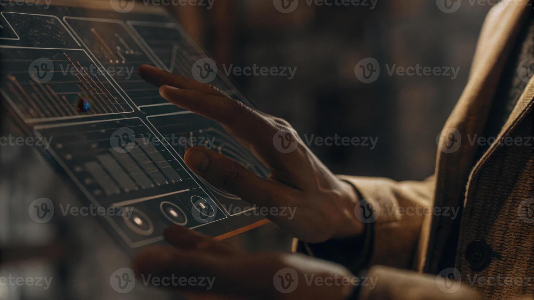 A closeup of a hand swiping through holographic menu options with data analytics graphs and models appearing in midair demonstrating intuitive user interfaces.. photo