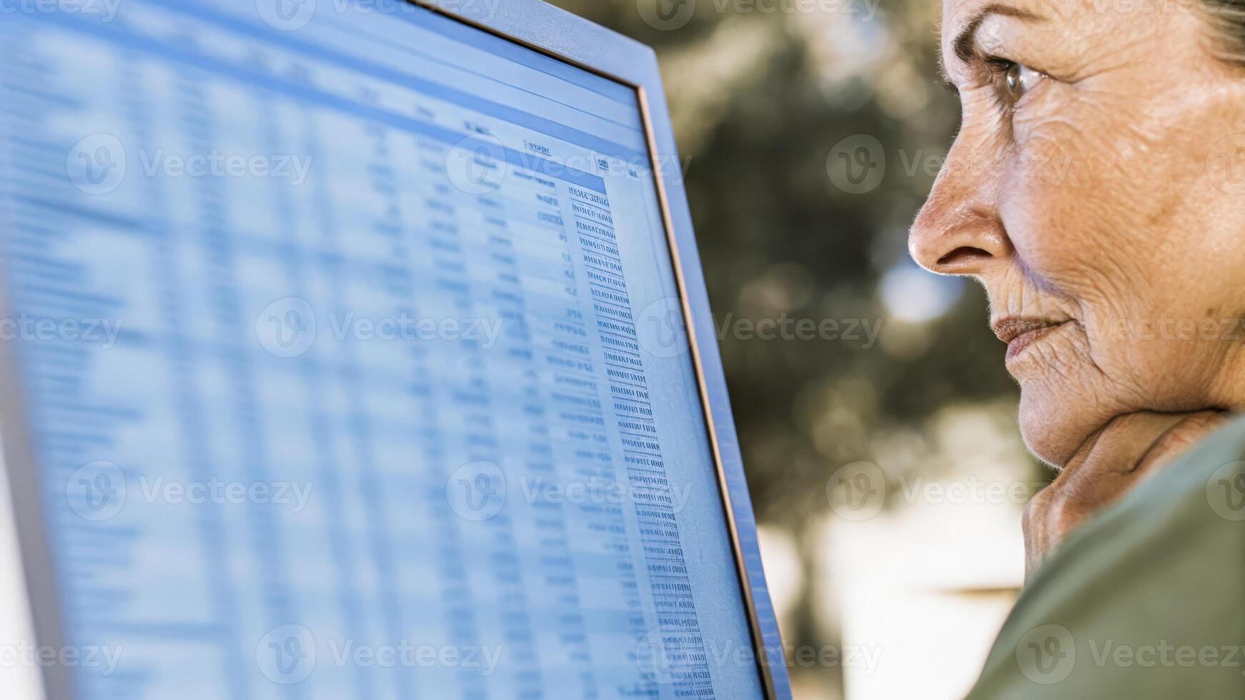 A closeup of a senior individuals reflective expression while gazing at a computer screen filled with biodata comparisons with supplement boxes framed at the edges.. photo