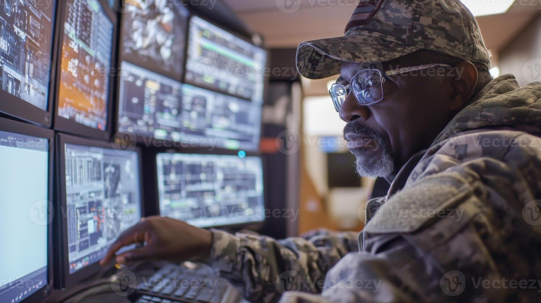 A mentor oversees the simulation from a control station monitoring multiple screens displaying various team activities and cyber threat simulations. The mentors face reflects a blen photo