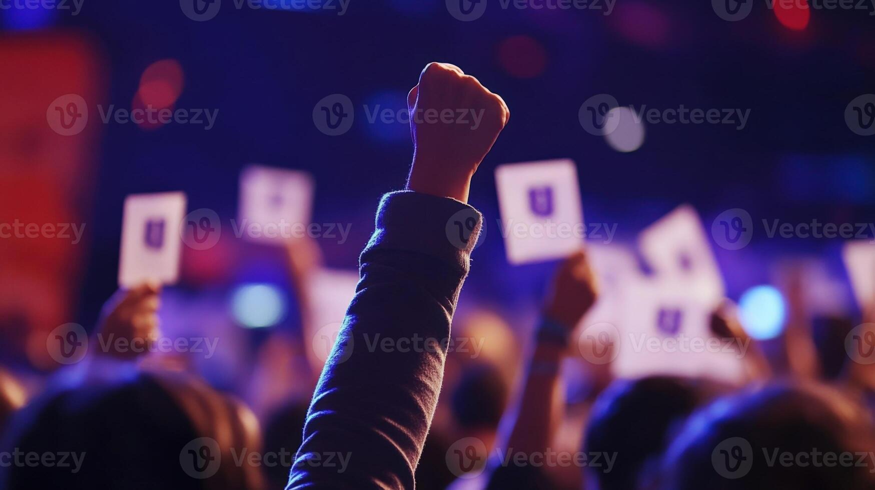 A closeup of a host raising a hand in excitement with a blurred crowd in the background holding up donation cards reflecting the collective effort and commitment to the cause bein photo