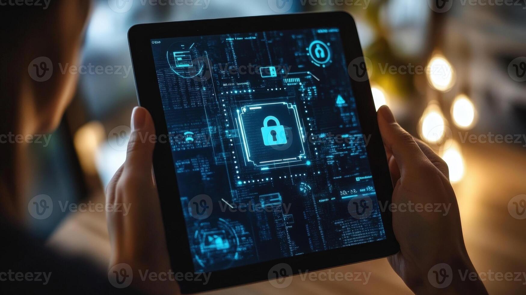 A closeup of a tablet held in hands showcasing a user interface with features for secure data sharing and communication. Visual elements include digital locks graphs denoting securit photo