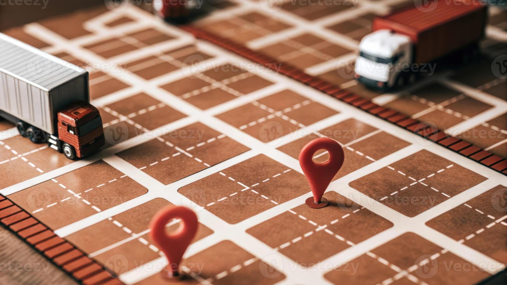 A detailed view of a hologram illustrating transportation routes with animated markers representing trucks and containers in motion across the grid.. photo