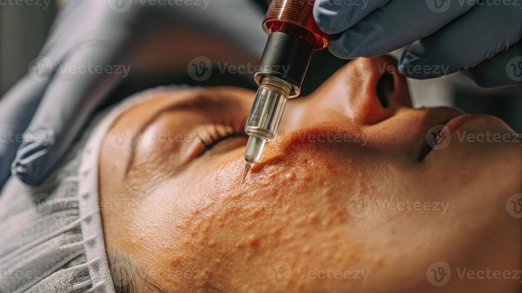 An upclose view of a face undergoing a microneedling procedure featuring tiny needles creating microinjuries on the skins surface with a focus on the elasticity and fresh flow.. photo