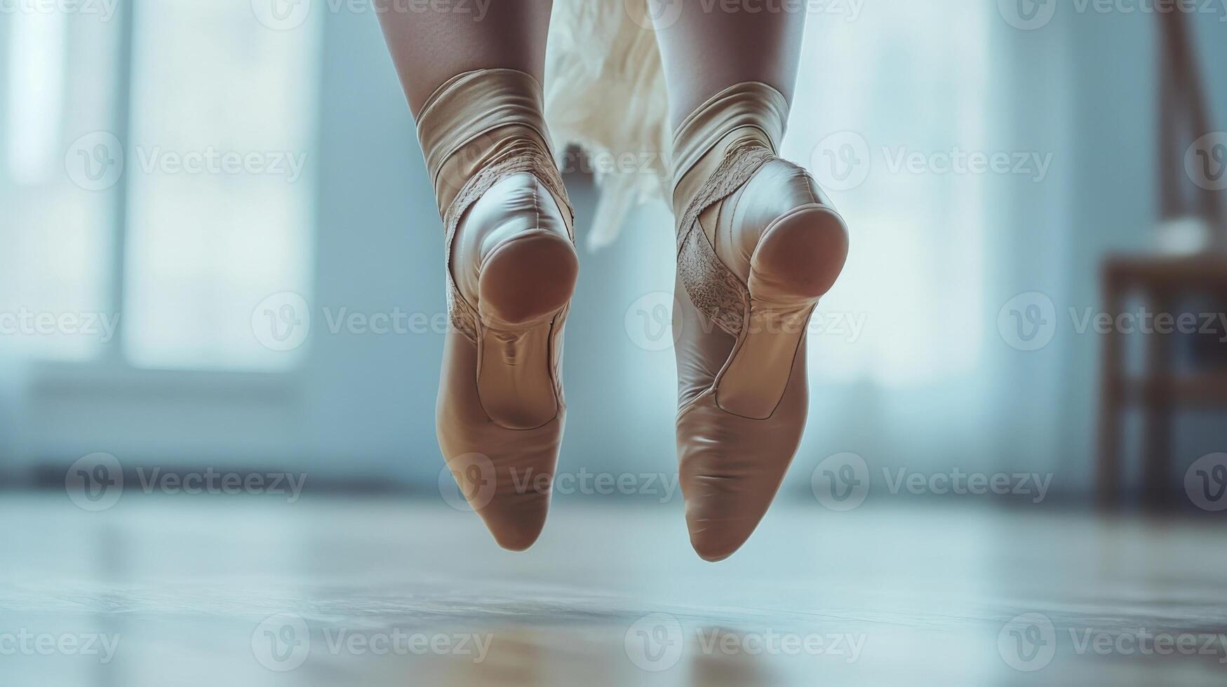 Ballerina performing a jump in pointe shoes in dance studio photo