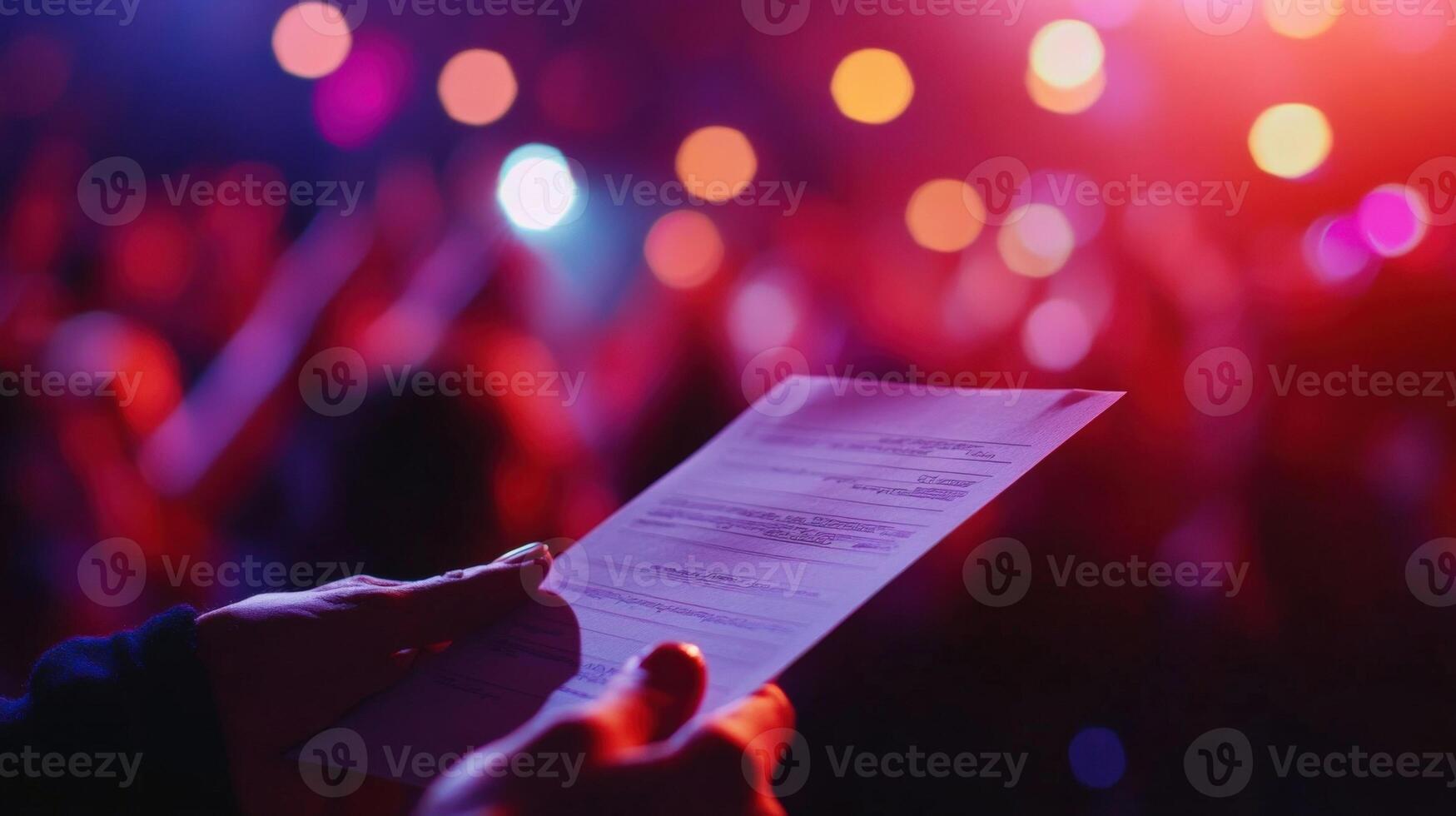 Closeup of a judges hand holding a scorecard with dramatic stage lighting reflecting off the card while the blurred faces of excited audience members can be seen clapping in celebratio photo