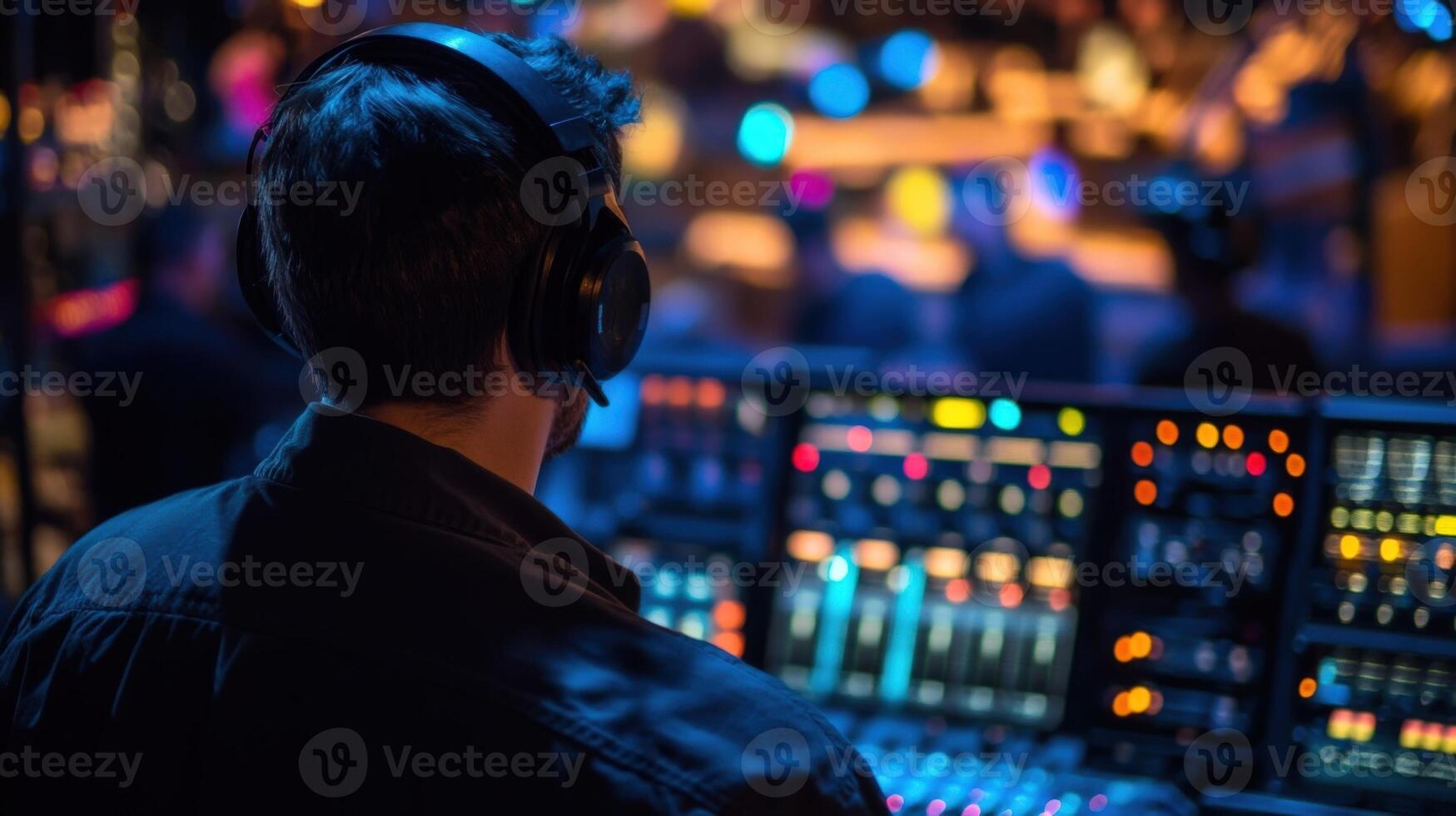 Sound engineer mixing music at live concert, wearing headphones and using a mixing console photo