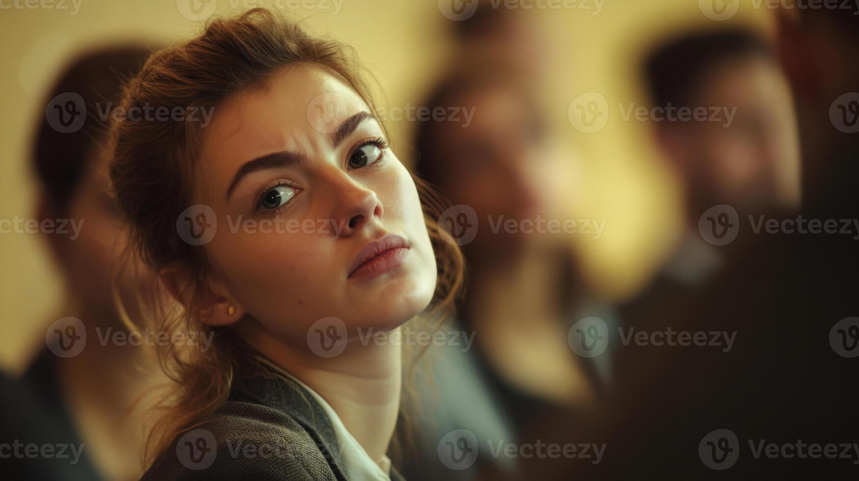 A closeup shot of a panelist midsentence with an intense expression as they make a compelling argument. The blurred faces of the audience can be seen in the background with some noddin photo