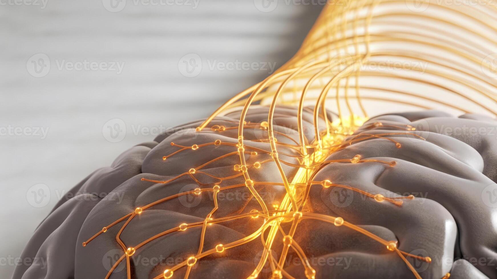 An intricate 3D visual of a neural lace seamlessly embedded in human brain tissue demonstrating the delicate integration and enhancing communication between biology and technology.. photo
