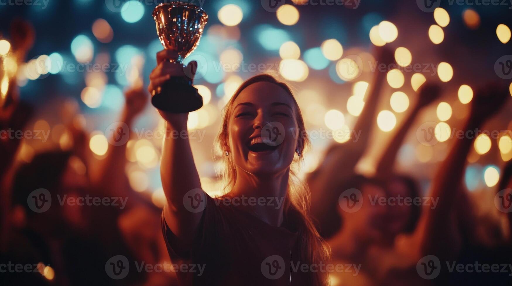 A moment captured as an award winner glowing with joy poses with a trophy under the shimmering lights surrounded by blurred guests celebrating in the background their expressions mer photo