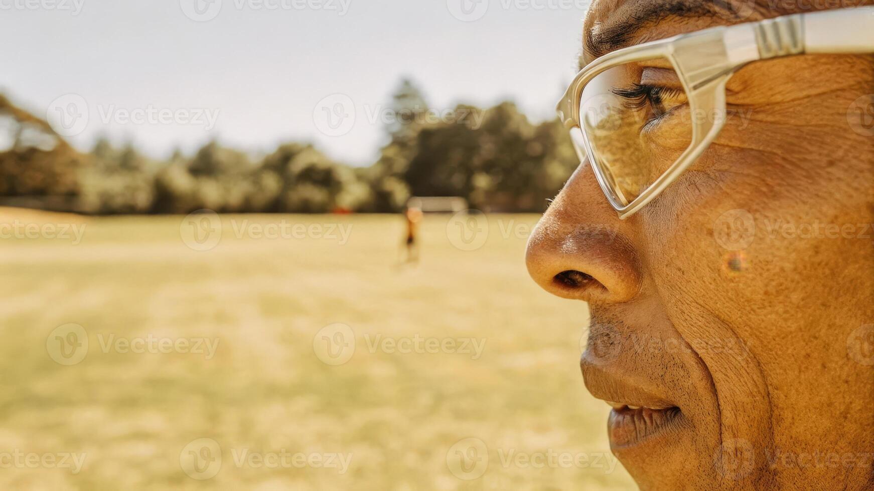 A closeup shot of an older athlete in a sports field with smart glasses displaying hydration levels and weather conditions highlighting the integration of technology and physical. photo
