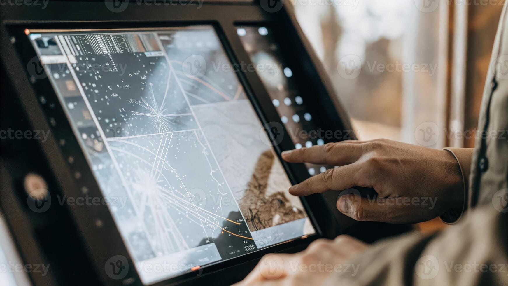 A closeup of a futuristic terminal interface showing detailed investment simulations and 3D models of market scenarios highlighting innovative technology.. photo