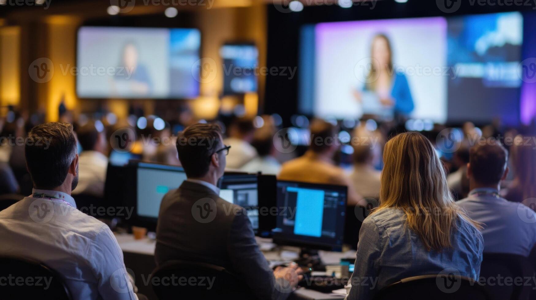 Professionals engaging in filmmaking conference presentation photo