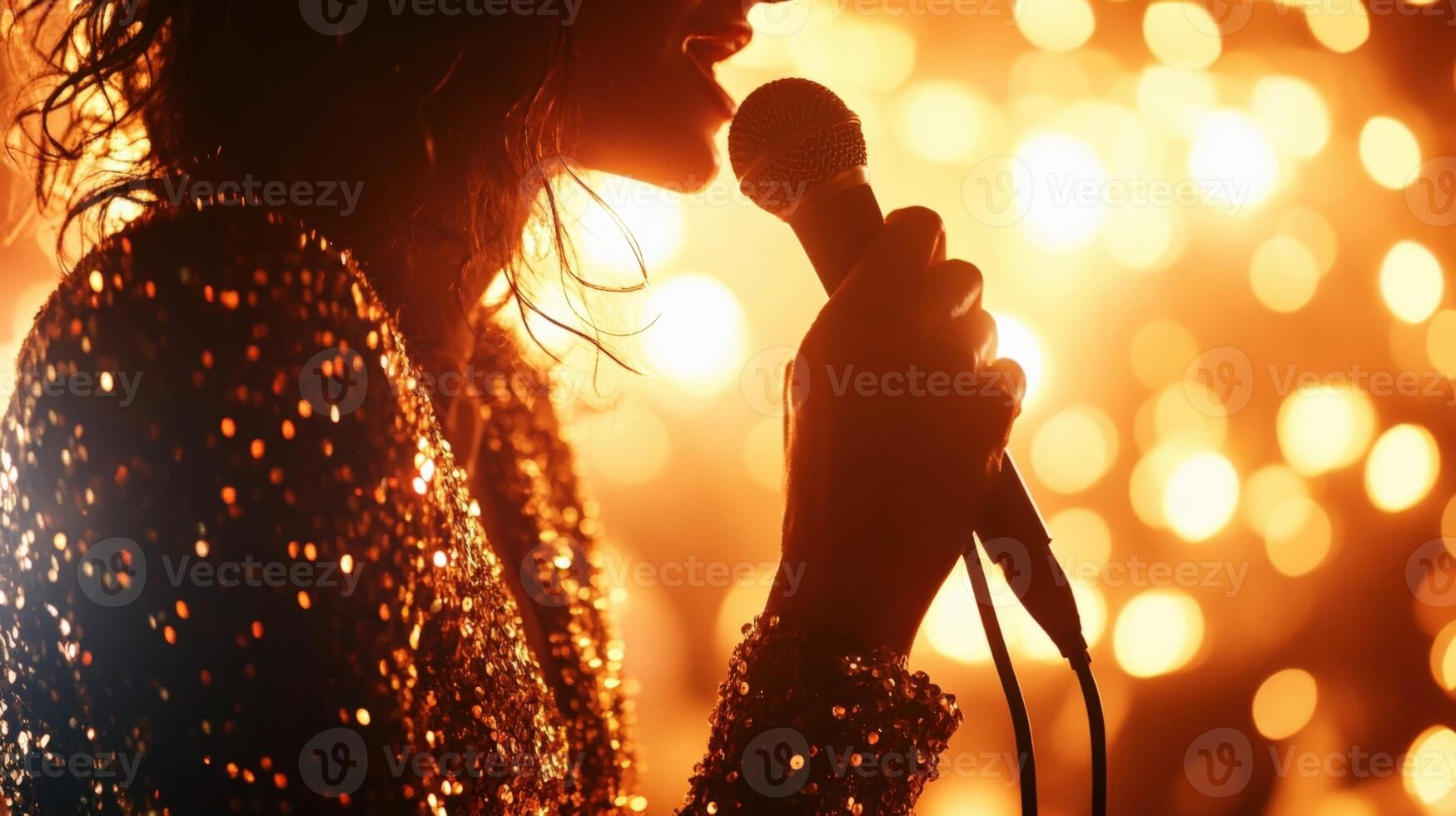 A closeup of a gl performer in a sequined gown holding a microphone with the glow of golden lights reflecting off their hairstyle and the blurred silhouettes of the audience creatin photo