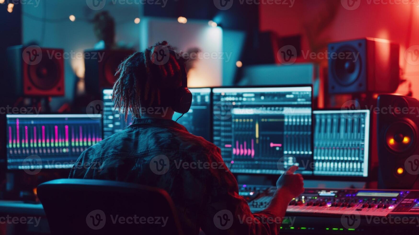 Audio engineer working on a new music production in a recording studio photo