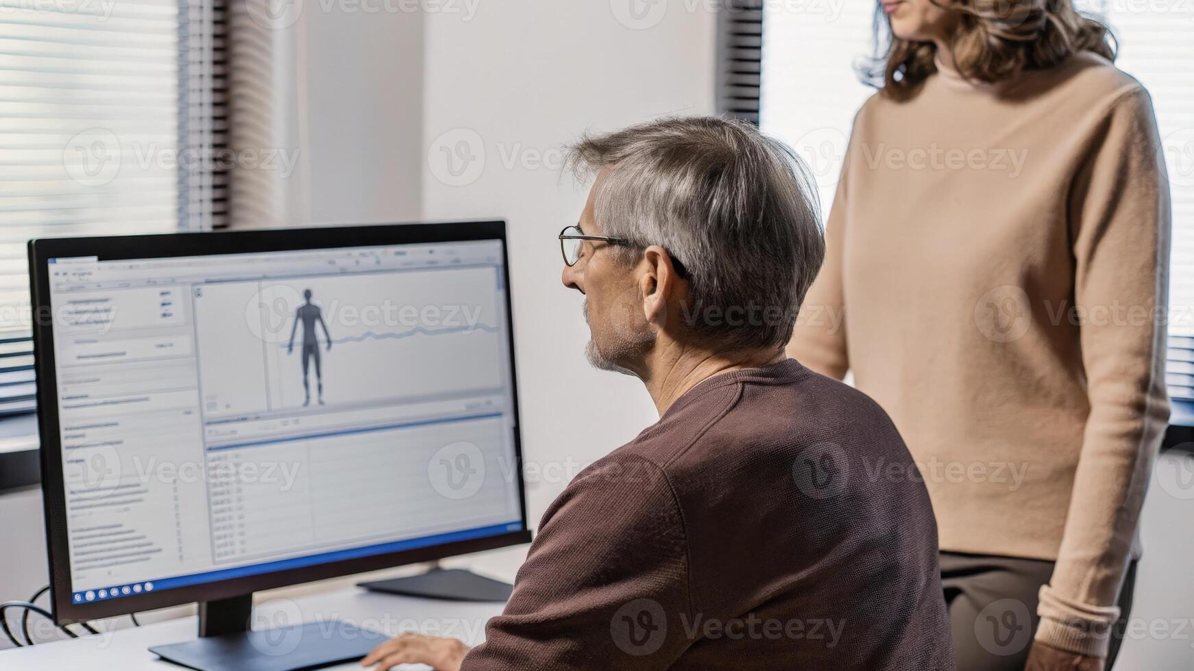 A greyhaired man seated at a desk analyzing biofeedback data on a large monitor while his virtual assistant summarizes insights and tracks his health improvements.. photo
